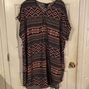 Navy Blue Aztec Design shirt dress with front zipper from Rue+. Gently worn